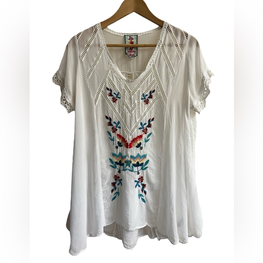 JOHNNY WAS Floral Embroidered Cupra Rayon Swing Top Blouse Tunic White Sz S Boho - Picture 11 of 13